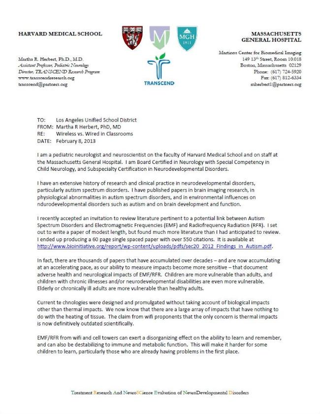 Dr. Martha R. Herbert of the Harvard Medical School and Massachusetts General Hospital has written a powerful letter with a clear message to a US school division considering installing wiifi in schools.