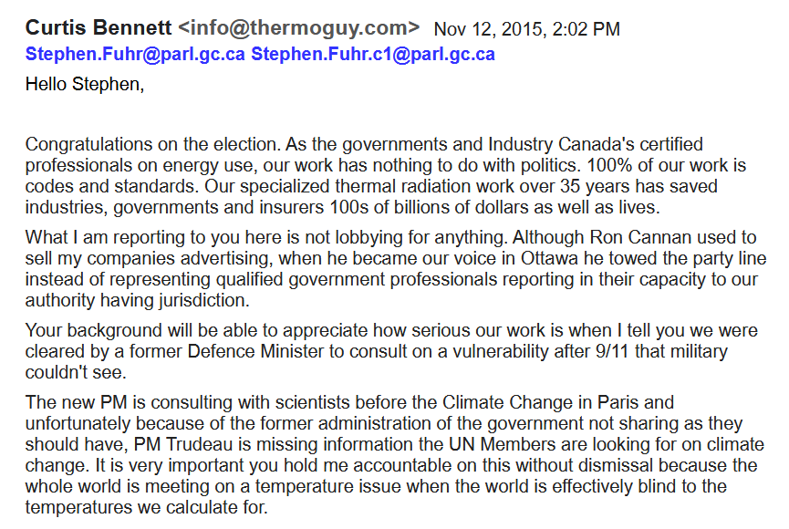MP Stephen Fuhr and Prime Minister Trudeau Regarding Missing Science for UN Climate Change Conference November 12, 2015