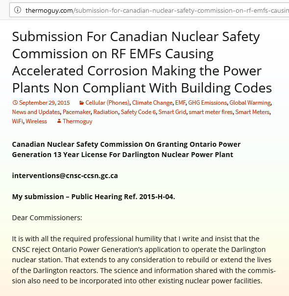 Submission for the Canadian Nuclear Safety Commission on RF EMFs(microwaves)