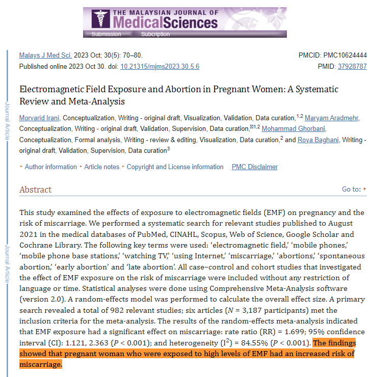 Electromagnetic Field Exposure and Abortion in Pregnant Women: A Systematic Review and Meta-Analysis